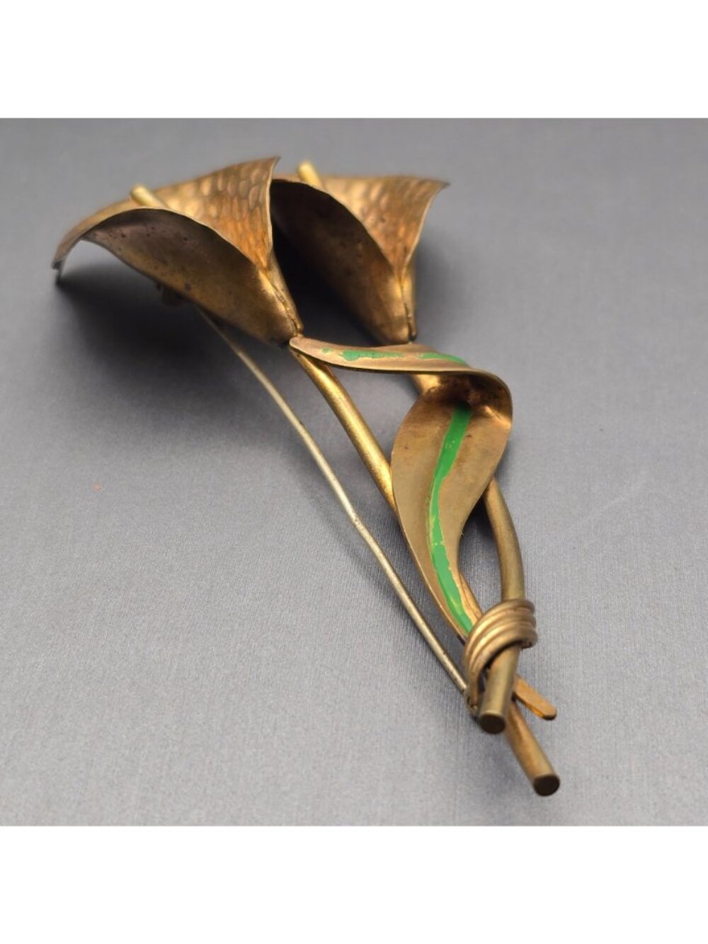 Vintage Brass Calla Lily Brooch 4" Hammered Floral Pin Statement Piece - Picture 3 of 11